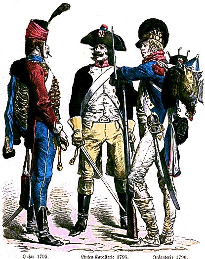 1795年的骠骑兵(左,主力骑兵(中)和1796年的步兵(右)