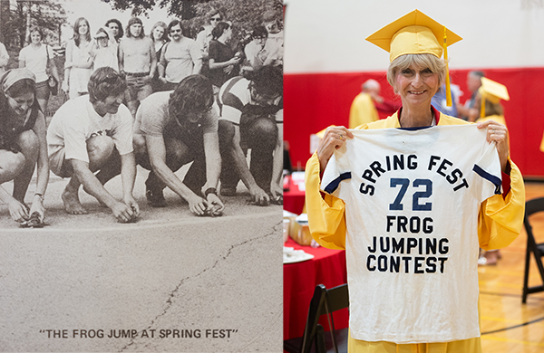 Archive photo of frog jumping contest and golden graduate with frog jumping tee