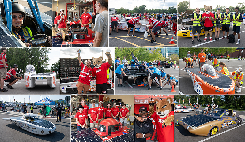 Composite of photos with solar cars, drives, crowds and Eddie the Cougar mascot