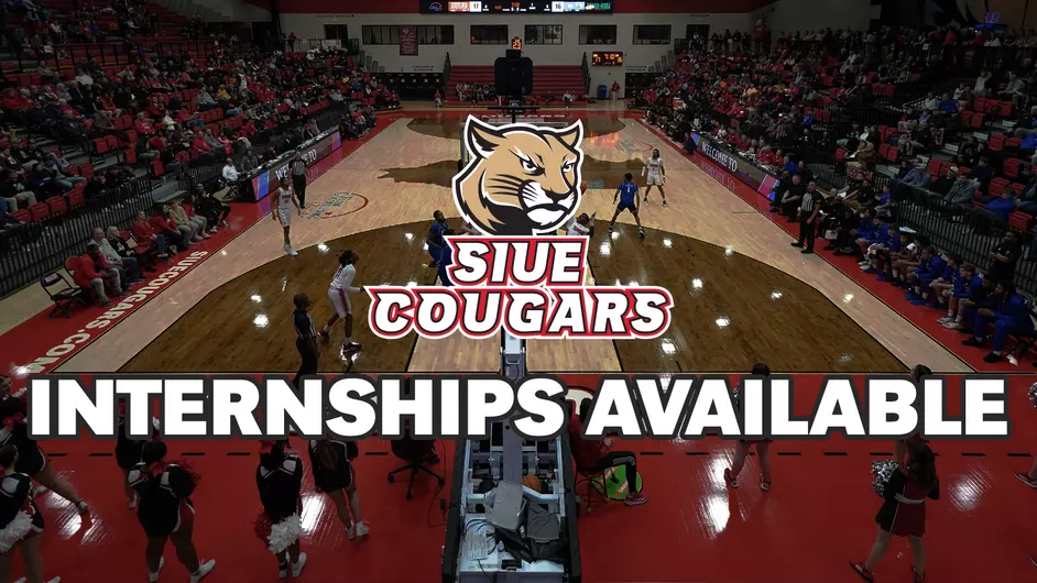 Graphic of an overhead shot of the gym floor of the First Community Arena with the Cougar's logo and the text "SIUE Cougars Internships Available"
