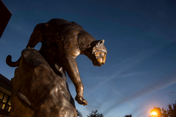 low angle image of Cougar statue at dusk on Stratton Quad