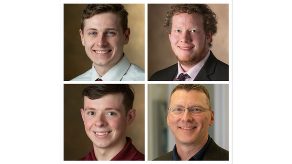 Collage of four people for the award recognition, three students, one professor