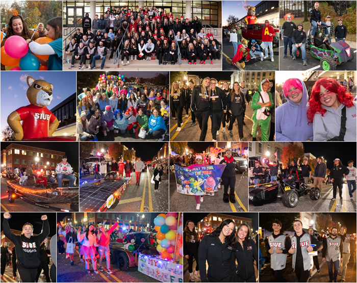 Collage of images of SIUE students and community dressed and active for the Halloween Parade