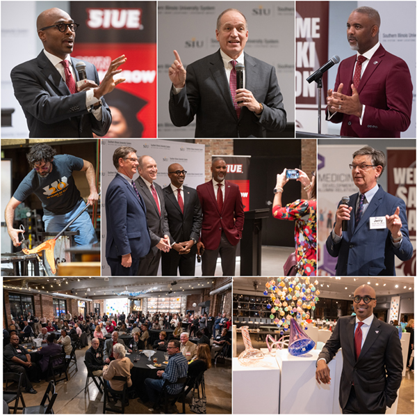 Collage of photos of SIU System President and Chancellors and alumni at a reception at glass blowing shop