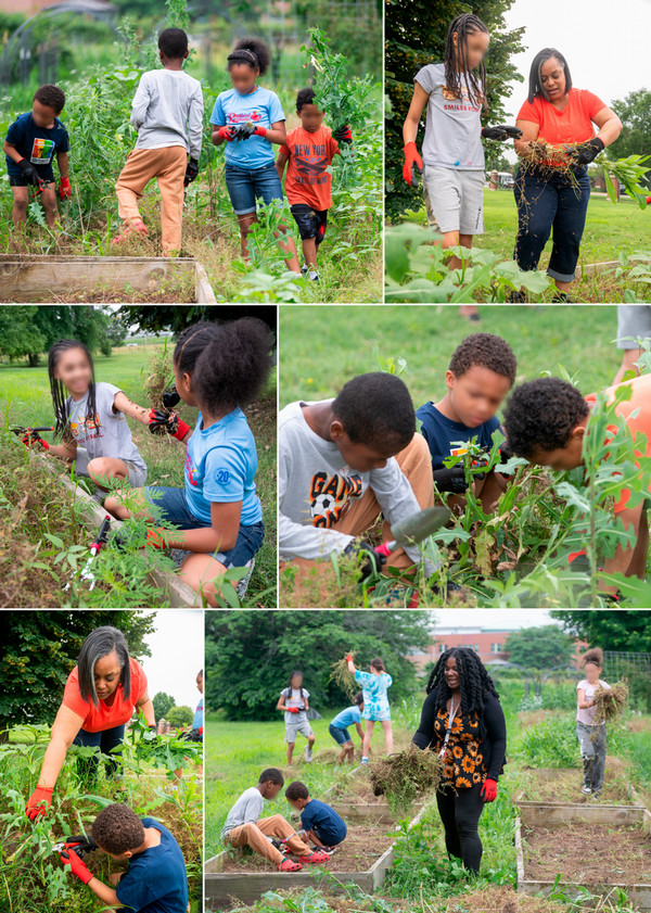 Photo grid of children gardening with instructor