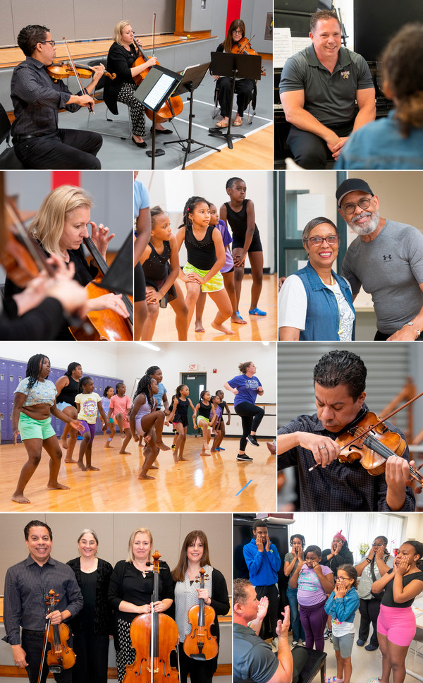 Grid of children and staff musicians in workshops