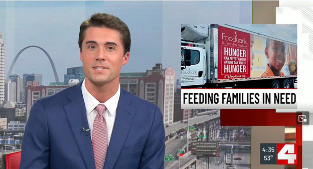 Television news screenshot showing a studio anchor alongside a graphic about a food bank distribution effort to feed families in need.