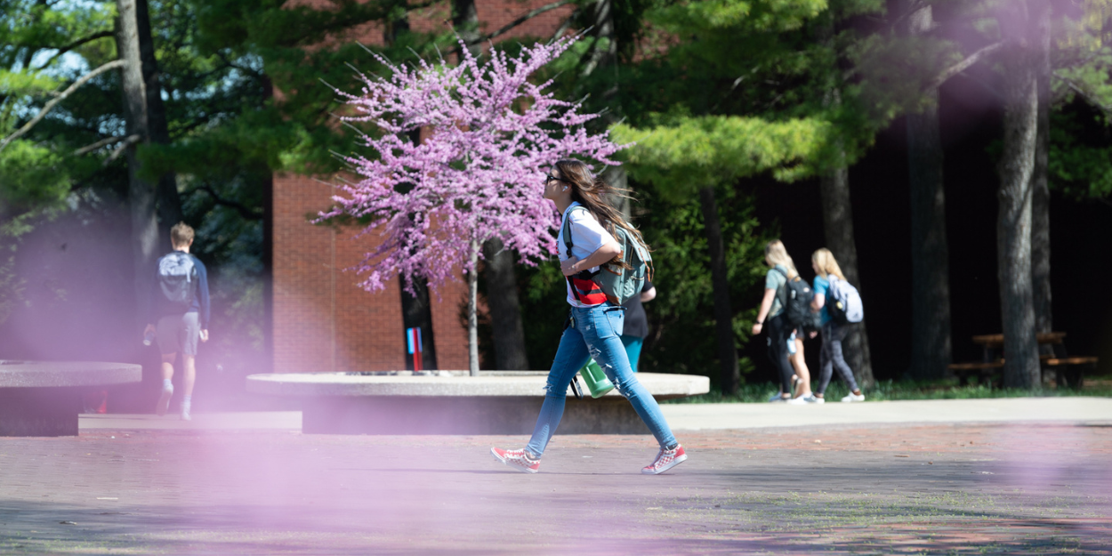 Students at SIUE walking on the campus during a fall day with yellow leaves falling.