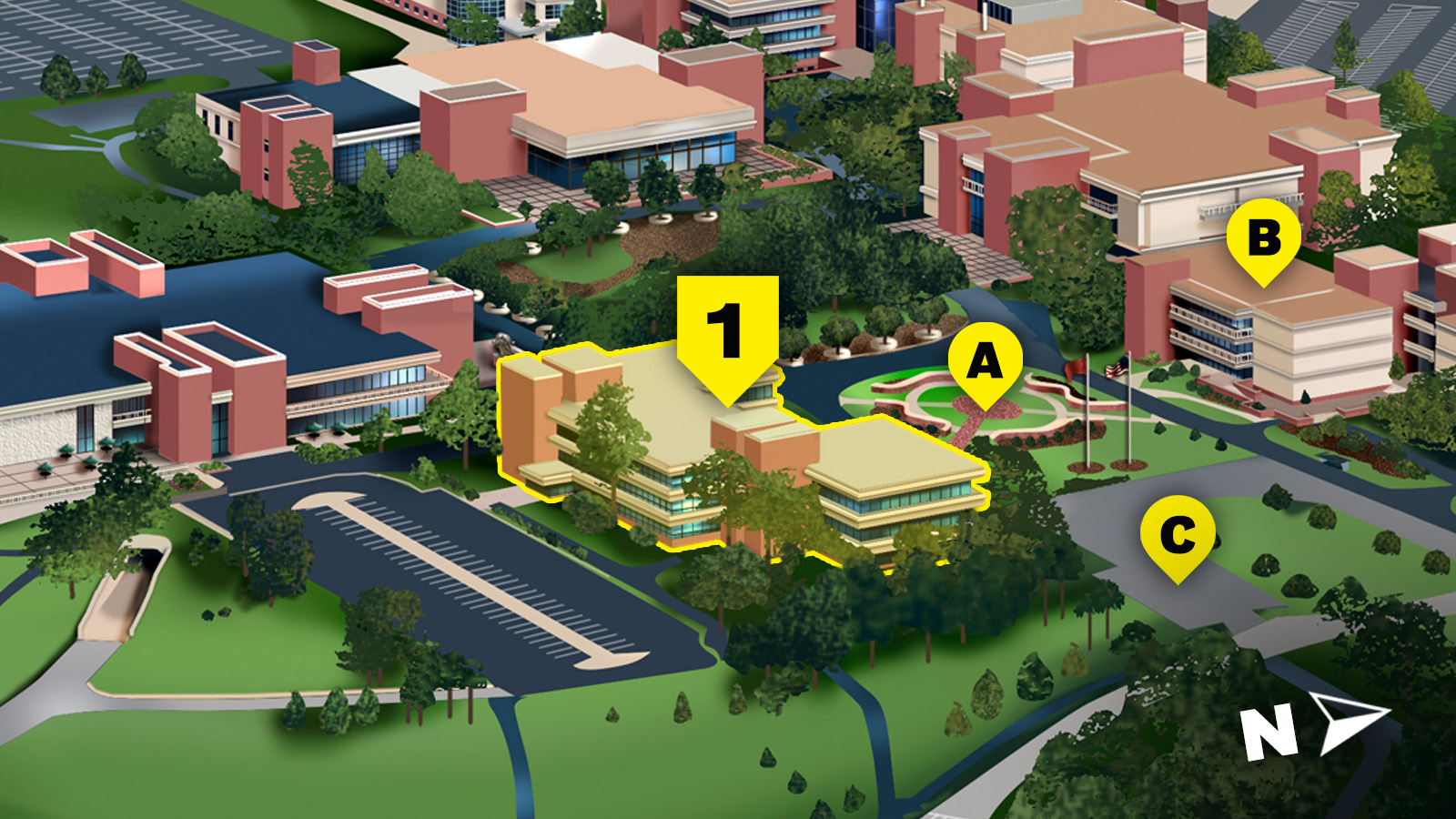 campus map highlight areas near rendleman hall